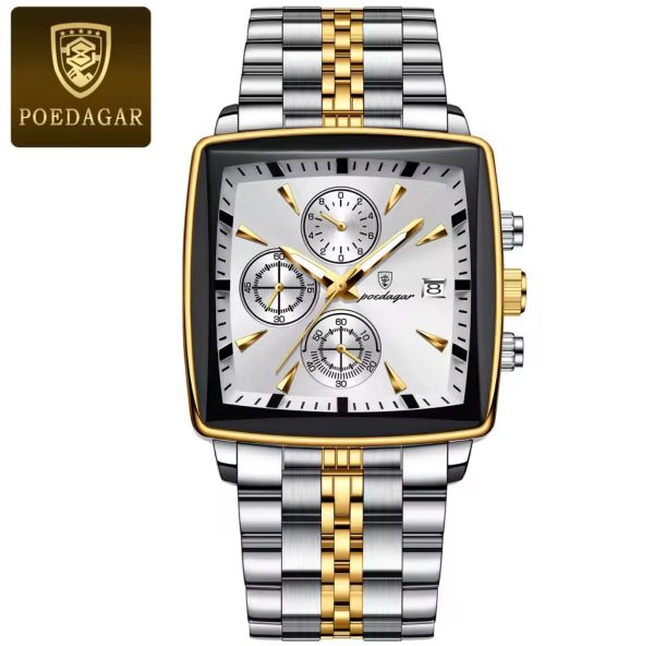 POEDAGAR Розкішний квадратний спортивний чоловічий наручний годинник