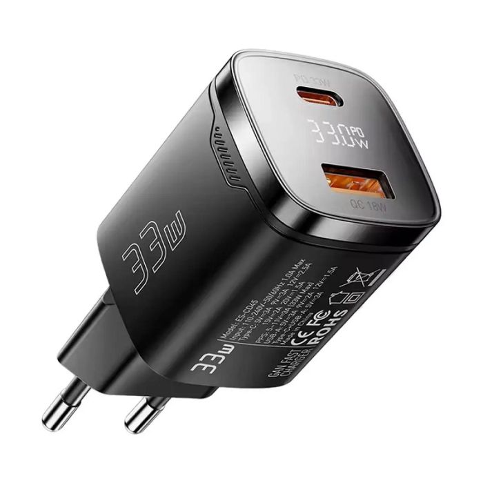 Зарядное устройство Essager GaN 33W с двумя портами USB+Type-C и дисплеем Быстрая зарядка