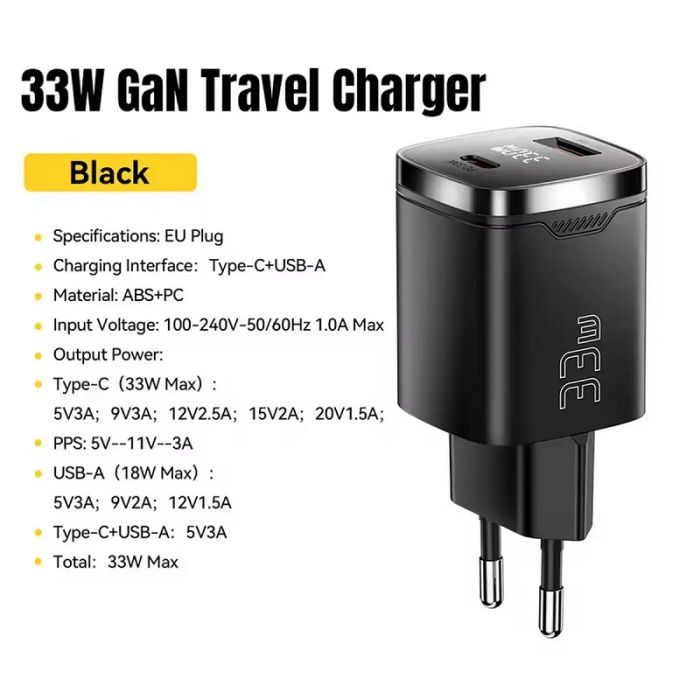 Зарядное устройство Essager GaN 33W с двумя портами USB+Type-C и дисплеем Быстрая зарядка