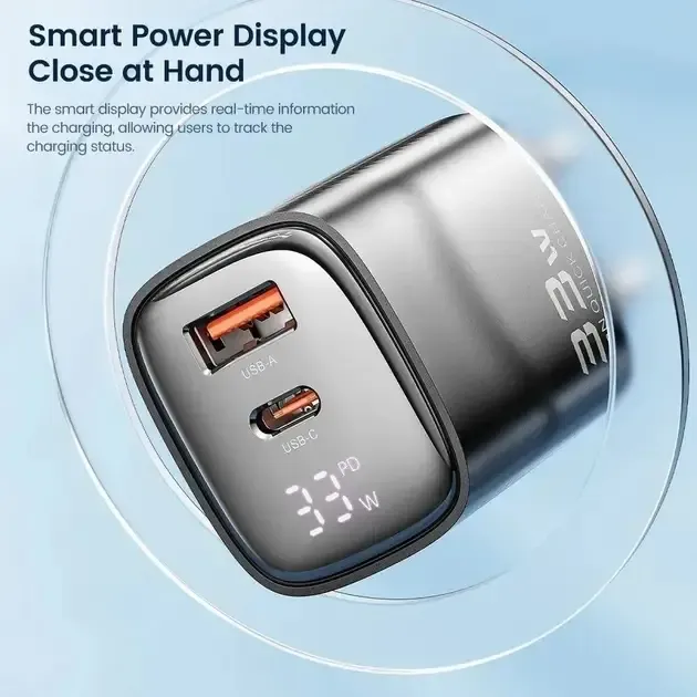 Зарядний пристрій Toocki 33W Display Type-C + USB A Black