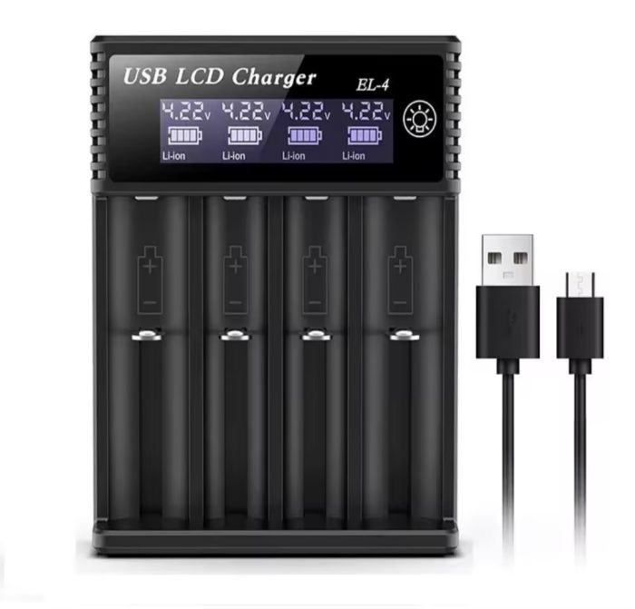 Зарядний пристрій для акумуляторів 18650, 4-слотовий РК-дисплей