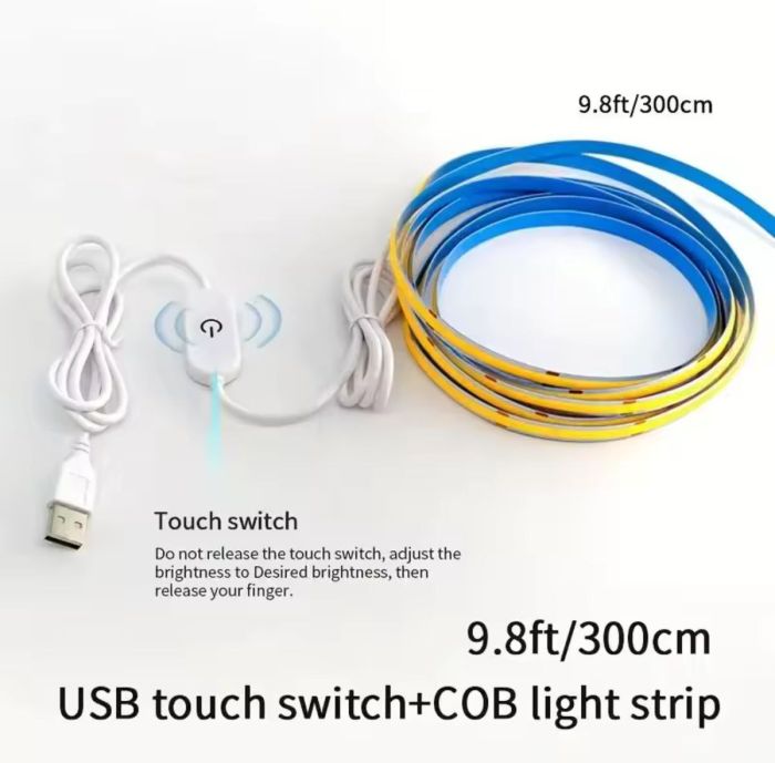 3м LED стрічка з USB 5V 8W COB  6000K (холодно біла) для повербанка або USB адаптера