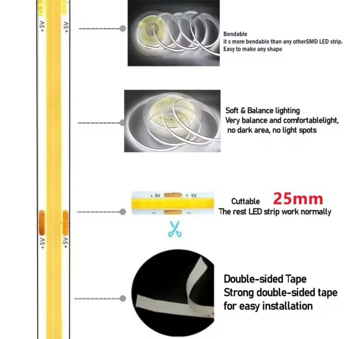 5м LED стрічка з USB 5V 8W COB 4500K (натурально біла) 8 мм для повербанка або USB адаптера ДУЖЕ Яскрава