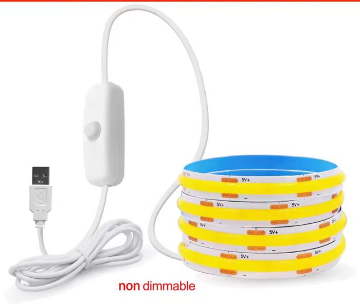 3м LED стрічка з USB 5V 8W COB 6000K (холодно біла) 8 мм для повербанка або USB адаптера